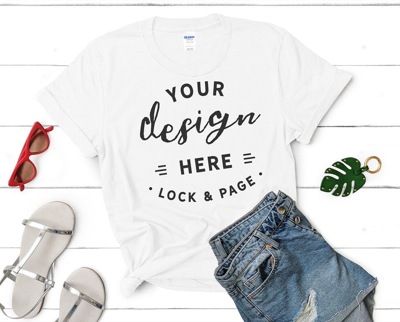 Download Gildan 64000 White T-Shirt Mockup Feminine Flat Lay Summer ...