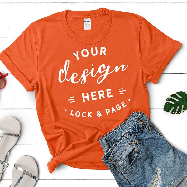 Gildan 64000 Orange T-Shirt Mockup Feminine Flat Lay Summer Knotted Tee Shirt Mock Up