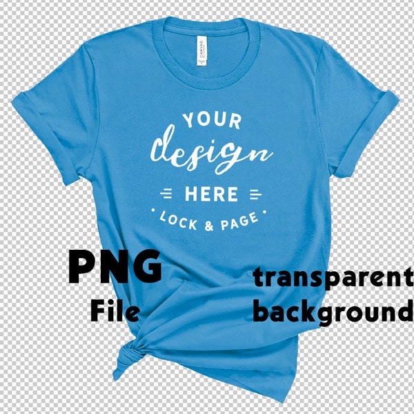 PNG Aqua Bella Canvas 3001 T Shirt Mockup On Transparent Background Women's Knotted T Shirt POD Shop Mock Up Flat Lay