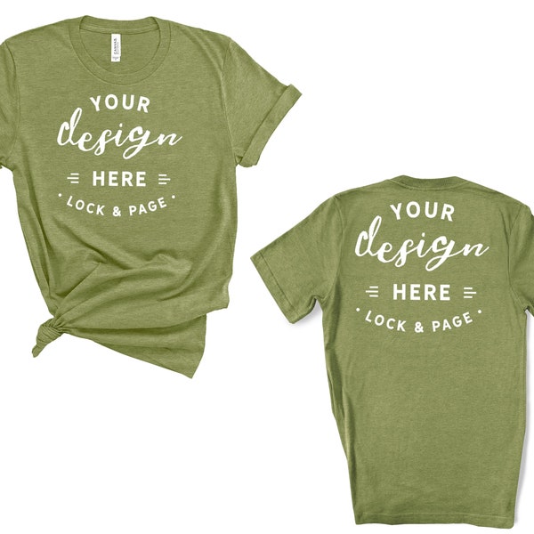 Heather Green Bella Canvas 3001 Front And Back, T-Shirt Mockup On Plain White Background Women's Knotted T Shirt Both Sides Flat Lay