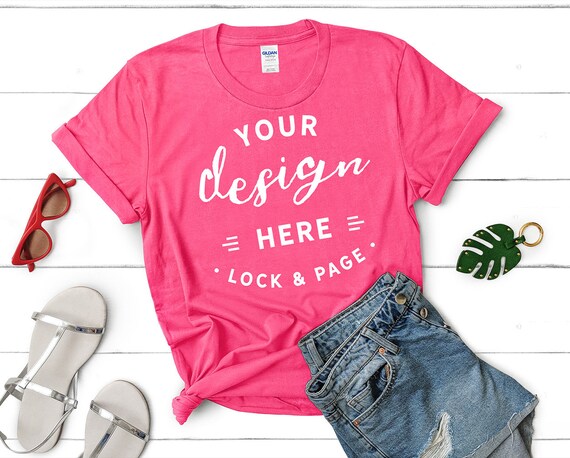 Gildan 5000 Safety Pink T Shirt Mockup Feminine Flat Lay Etsy
