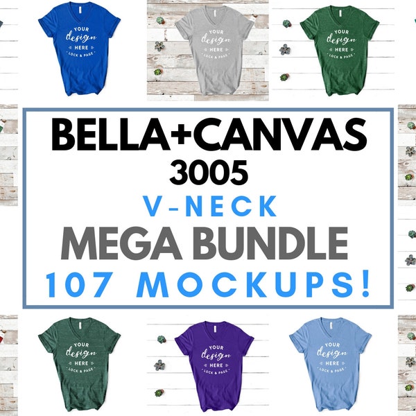 Mega Bundle Bella Canvas 3005 V Neck T-Shirt Mockup, 107 Unisex Mockups On Plain White Background, Beach Wood And White Wood Backgrounds