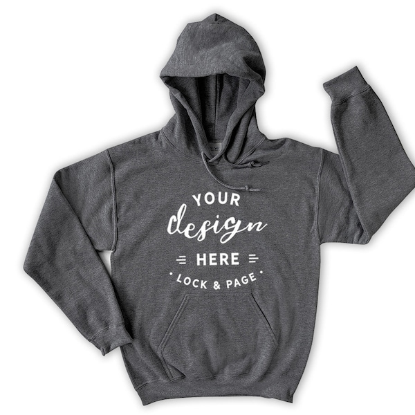 Gildan 18500 Dark Heather Hooded Sweatshirt Mockup, Winter Cotton Hoodie Flat Lay On Plain White Background