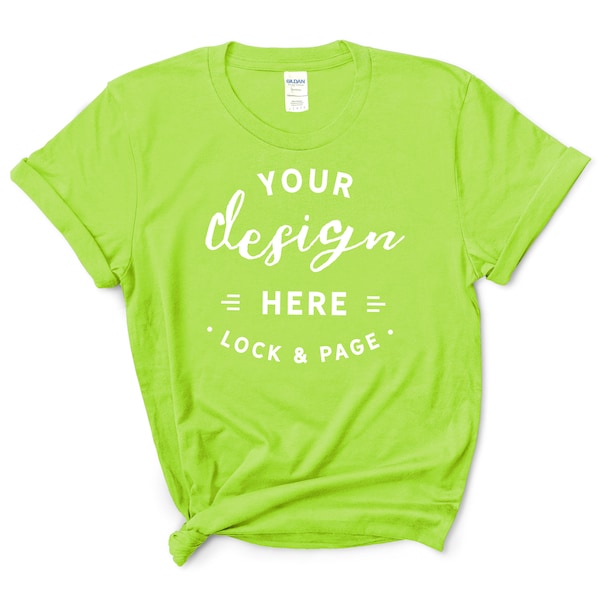 Gildan 5000 Neon Green T-Shirt Mockup Feminine Flat Lay On Clean White Background Just Tee Shirt No Backdrop