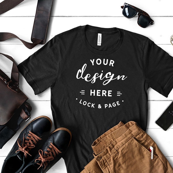 Men's Black Bella Canvas 3001 T-Shirt Mockup, Masculine TShirt Fashion Blog Flat Lay, Guy's Bag Shoes Phone, White Wooden Background