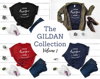 Gildan Apparel TShirt Mockup Bundle T-Shirt Flat Lay Gildan Shirt Fashion Mock Up Black Navy Red T Shirt Bundle White Wooden Floor Backdrop