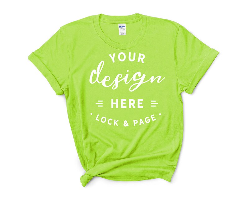Download Gildan 5000 Neon Green T-Shirt Mockup Feminine Flat Lay On ...