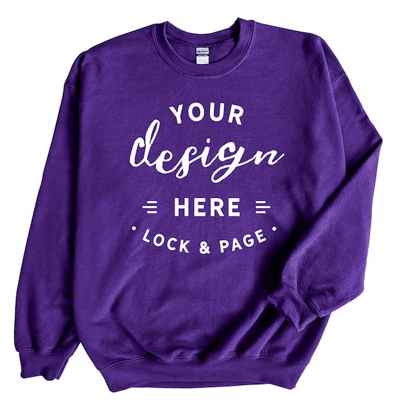 Purple Gildan 18000 Unisex Sweatshirt Mockup Jumper Flat Lay On Plain White Background, No Props