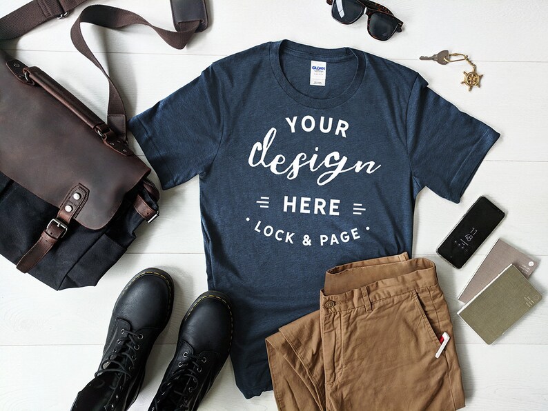 Download Men's Heather Navy Gildan 64000 T-Shirt Mockup Masculine ...