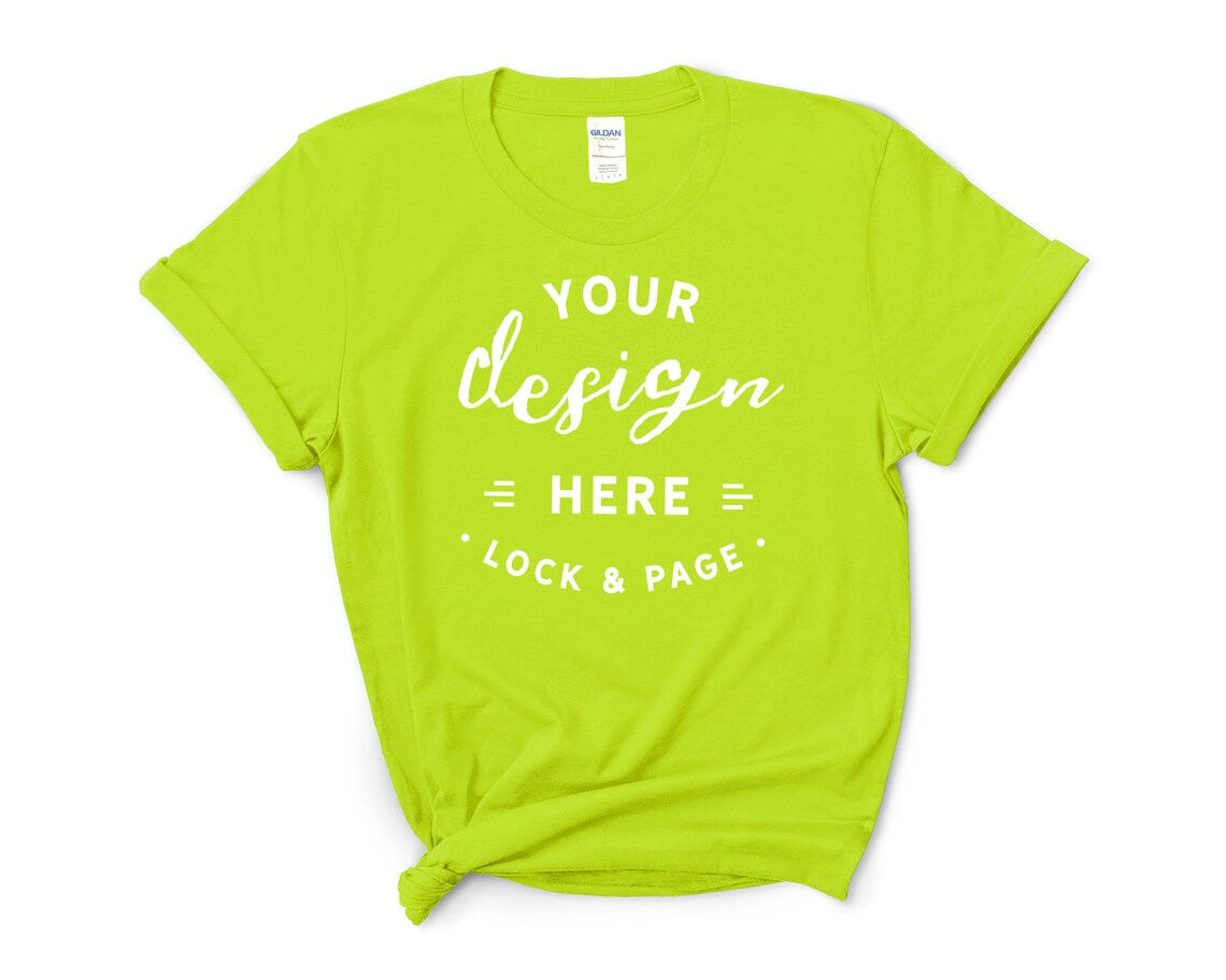 Download Gildan 5000 Safety Green T-Shirt Mockup Feminine Flat Lay ...