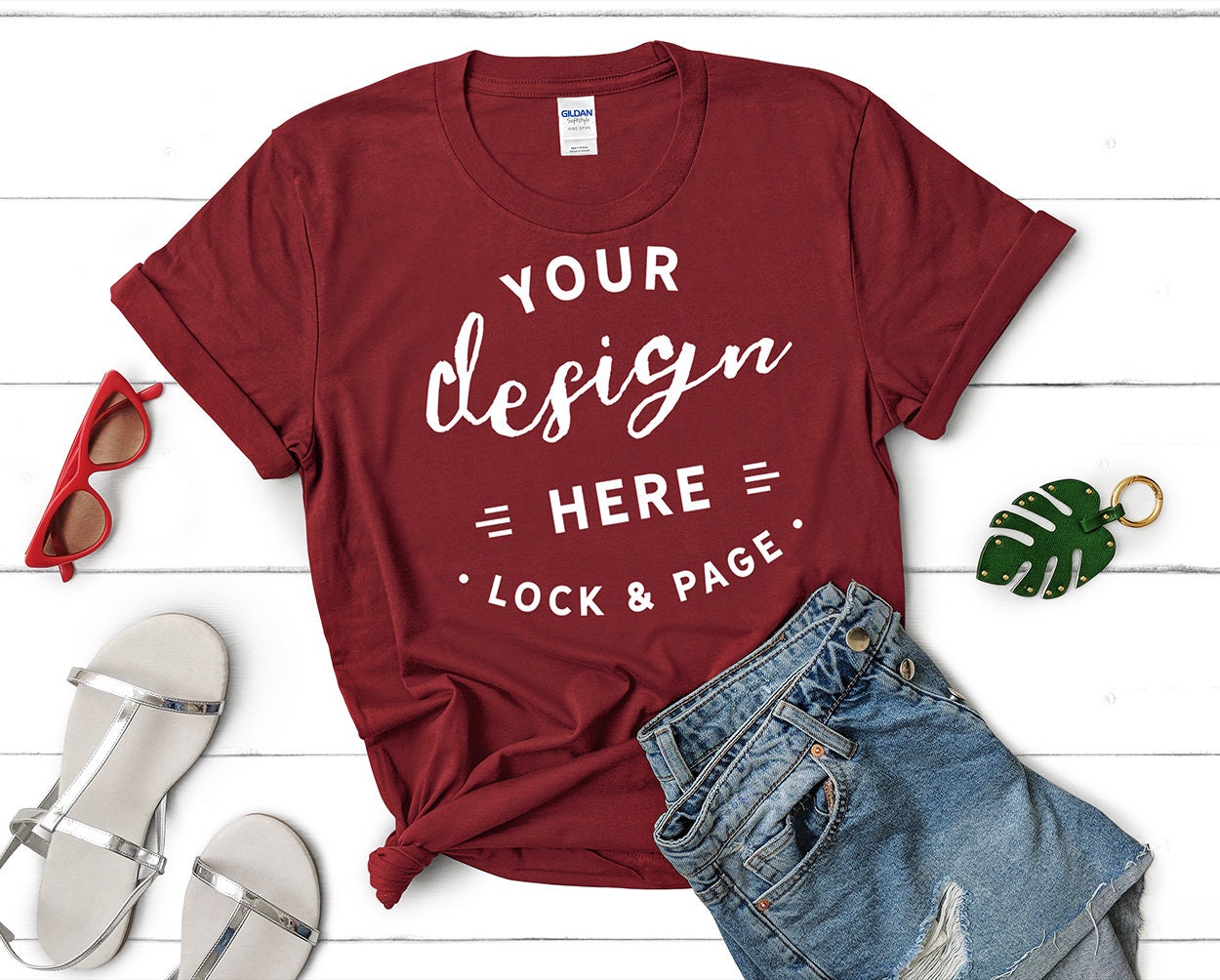 Download Gildan 64000 Cardinal Red T-Shirt Mockup Feminine Flat Lay ...