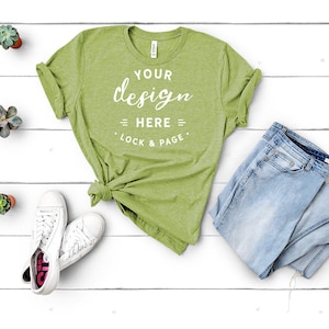 Bella Canvas 3001 Heather Green Unisex Tshirt Mockup Flat Lay Light ...