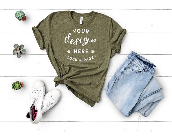 Bella Canvas 3001 Heather Olive Green Unisex Tshirt Mockup Etsy