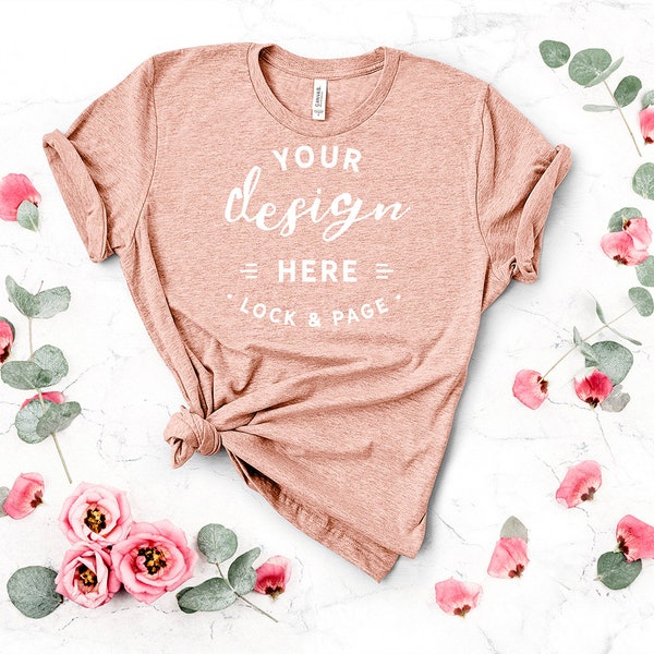 Floral Bella Canvas 3001 Heather Peach Feminine TShirt Mockup Apricot Shirt Flat Lay Pink Rose Flowers And White Marble Romantic Backdrop