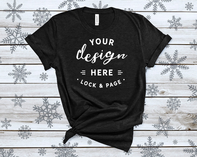 Download Christmas T Shirt Mockup Bella Canvas 3001 Heather Black Festive Xmas Tee Shirt On Printed Decorative Snowflake Background Photography Art Collectibles Vadel Com