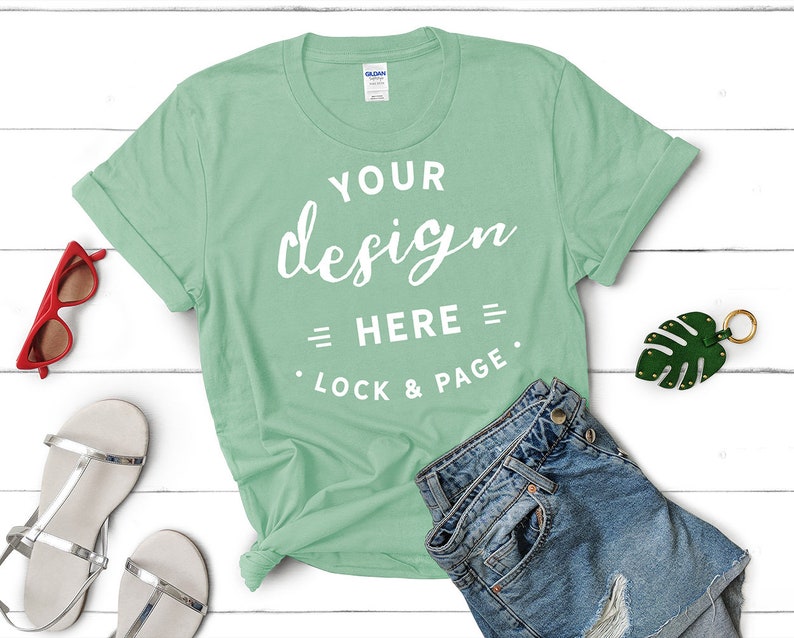 Download Gildan 64000 Mint Green T-Shirt Mockup Feminine Flat Lay ...