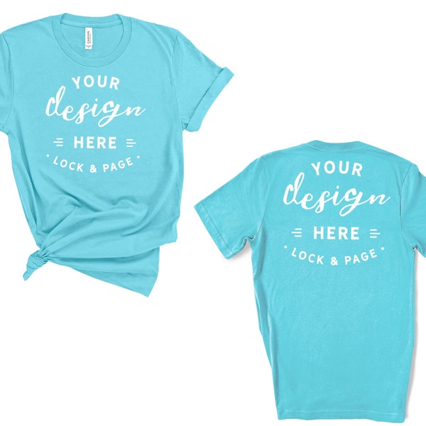 Turquoise Bella Canvas 3001 Front And Back, T-Shirt Mockup Plain White Background Women's Knotted T Shirt Both Sides Flat Lay
