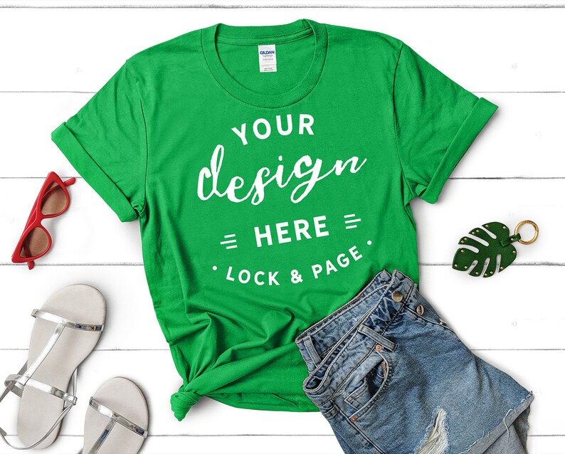 Download Gildan 64000 Irish Green T-Shirt Mockup Feminine Flat Lay ...