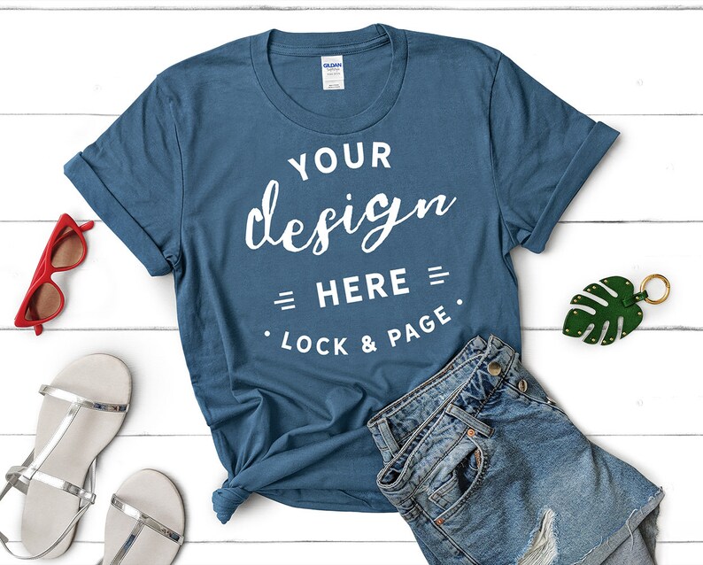 Download Gildan 64000 Indigo Blue T-Shirt Mockup Feminine Flat Lay ...