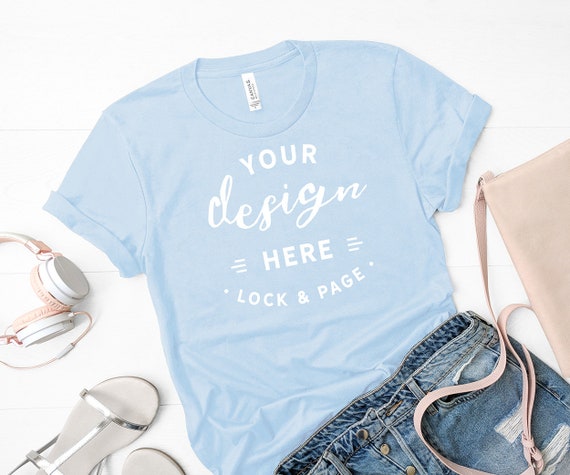 Bella Canvas 3001 Light Blue T Shirt Mockup Flat Lay Denim Etsy