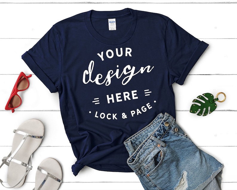 Download Gildan 64000 Navy T-Shirt Mockup Feminine Flat Lay Women's ...