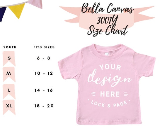 Bella Canvas 3001Y Size Guide Chart, Kids Jersey Short Sleeve Tee, Youth  T-Shirt Mockup, Boy Girl Son Daughter, Children's Mockup Flat Lay