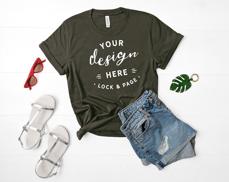 Download Bella Canvas 3001 Mockup Army Green Unisex TShirt Flat Lay ...