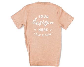 Heather Peach Bella Canvas 3001 Back Of T-Shirt Mockup On Plain White Background, Simple Basic Unisex T Shirt Back POD Flat Lay