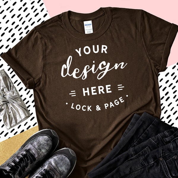 Gildan 64000 Dark Chocolate T-Shirt Mockup Feminine Flat Lay On Trendy Patterned Abstract Background, Fashion Blog Mockup With Shoes & Purse