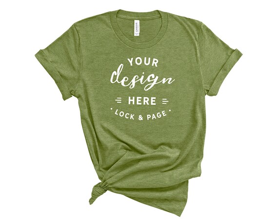Heather Green Bella Canvas 3001 T Shirt Mockup On Plain White Background Women s Knotted Feminine T Shirt POD Shop Mock Up Flat Lay