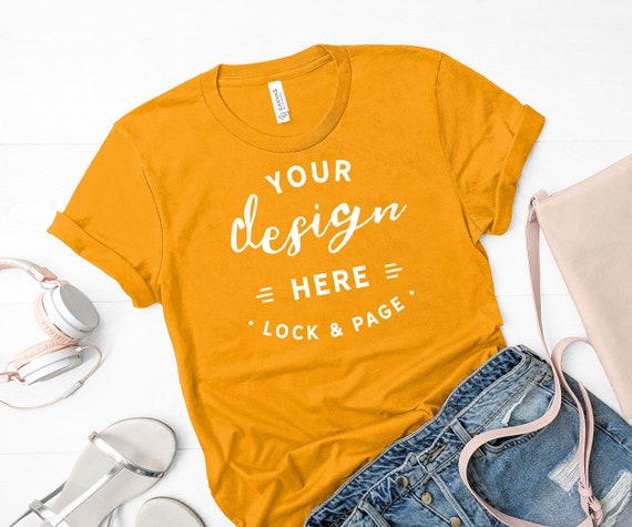 Bella Canvas 3001 Mockup Gold Tshirt Flat Lay Denim Shorts Etsy