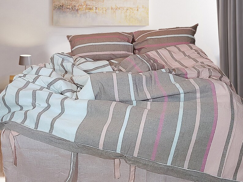 Peach With Stripes Linen Duvet Cover Set Queen Duvet Cover Etsy