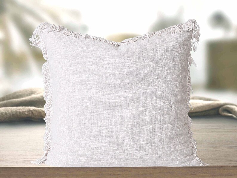 Decorative Fringe Pillow Cover in White linen. Sofa decor. Etsy