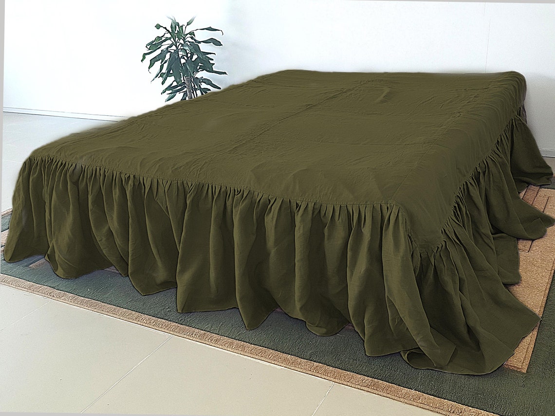 Ruffled Linen bed skirt in Olive. Tailored bed valance Etsy