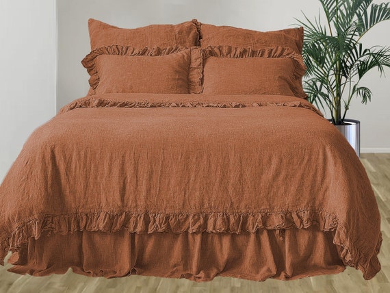 Linen Duvet Cover Set With Ruffles In Burnt Orange 3 Items Etsy