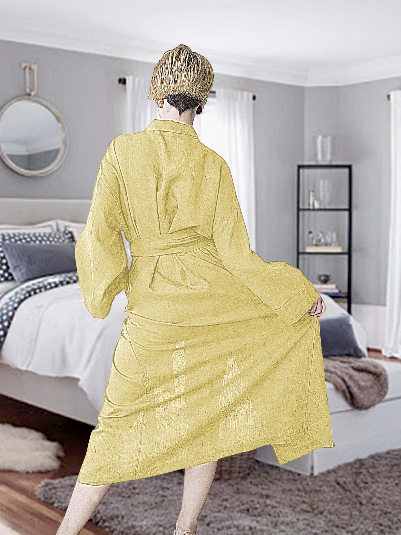 Linen bath robe in Yellow color for women. Oversized Long Etsy