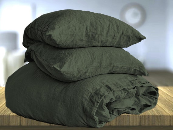 Dark Green Linen Duvet Cover Set 3 Pc Duvet Cover 2 Etsy