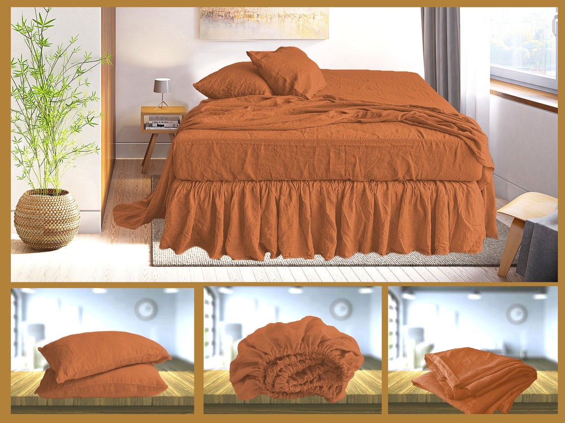 SHEET SET in Burnt orange. Linen Bedding Set 4 piece. Fitted Etsy
