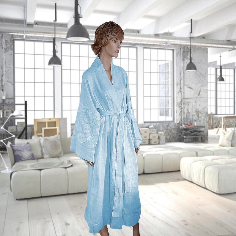Soft natural linen Long morning kimono Beautiful home bathrobe vyshyvanka. White Wedding Women/'s Robe Embroidered Dressing Gown