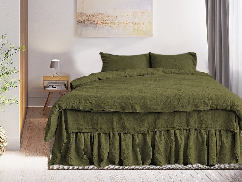 Dark Olive Linen Duvet Cover Set 3 Pc Duvet Cover 2 Etsy