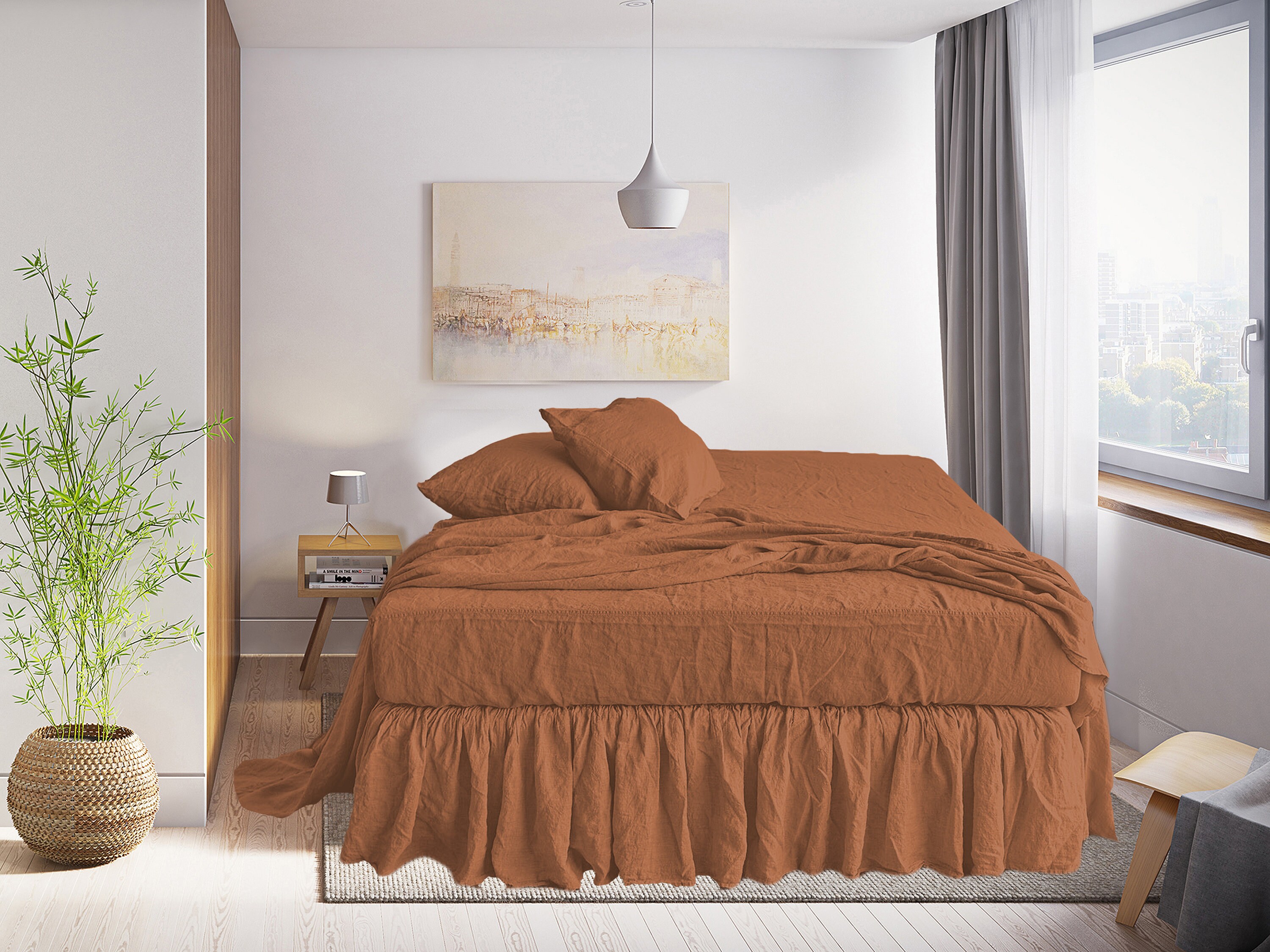 Linen bed skirts dust ruffle in Burnt orange. Сustom size Etsy