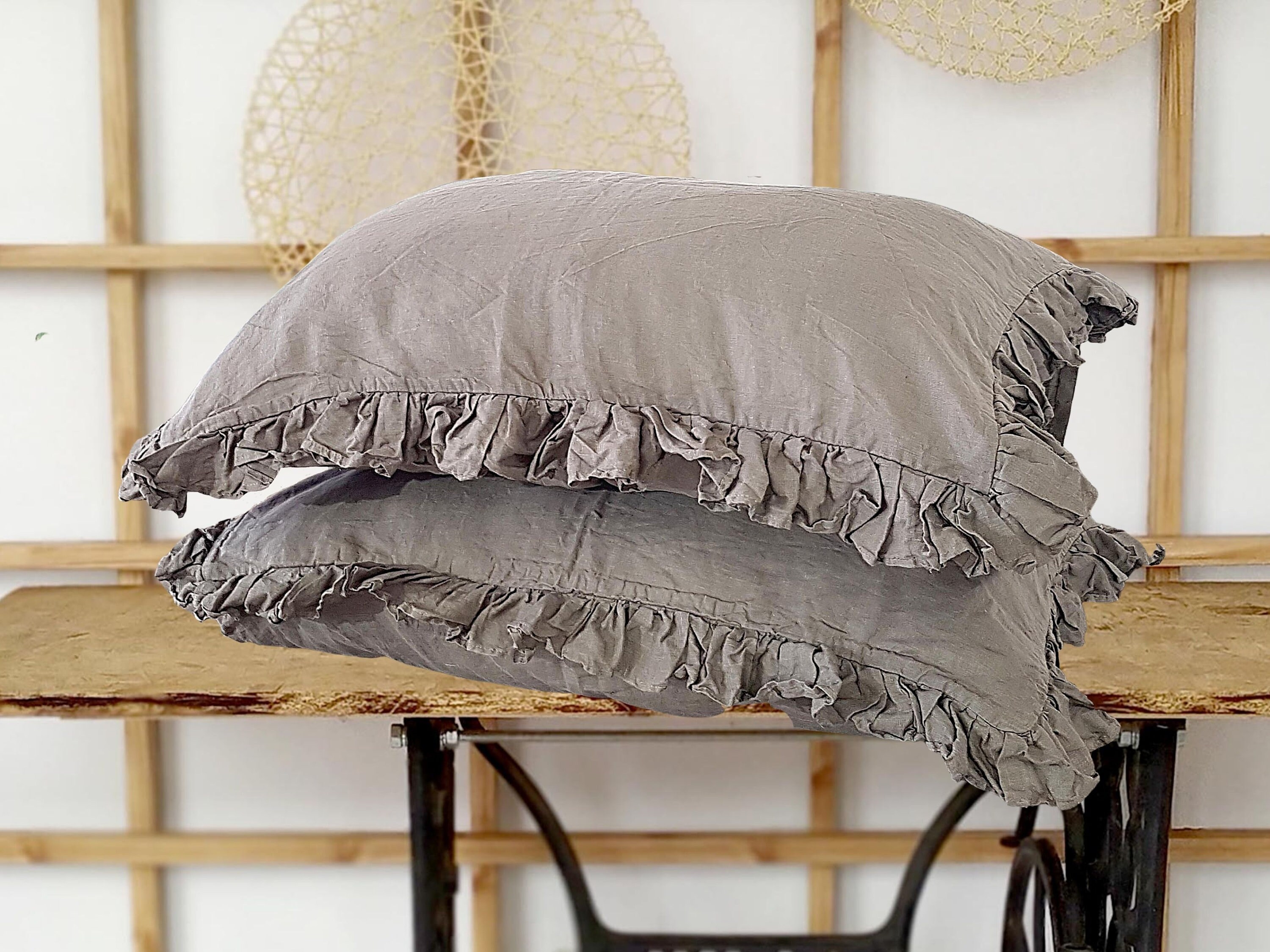 Ruffled Linen pillowcase in Gray. Shabby Chic pillow cover Etsy