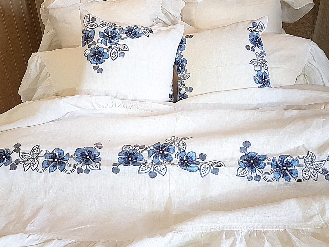 Embroidered Linen bedding set in White & Blue Sheets Set Etsy