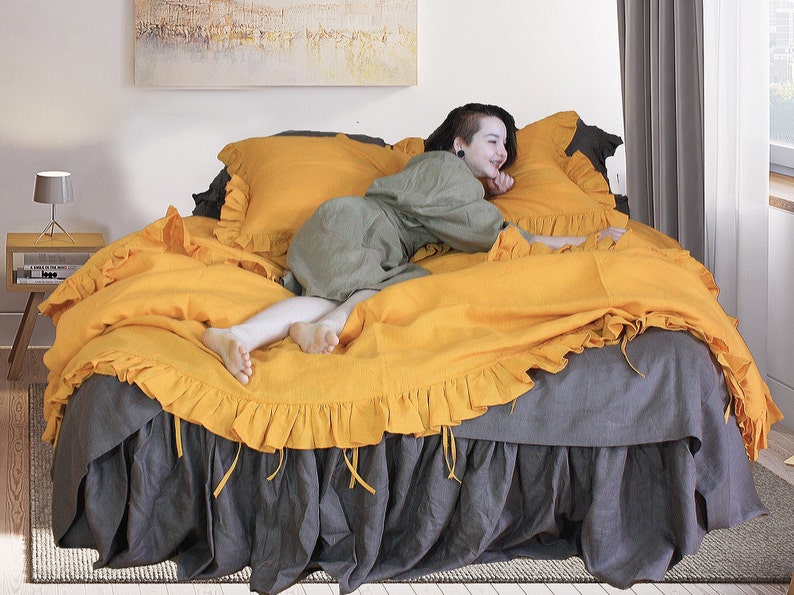 Ruffled Linen Duvet Cover Set 3 Pc Mustard Duvet Cover 2 Etsy