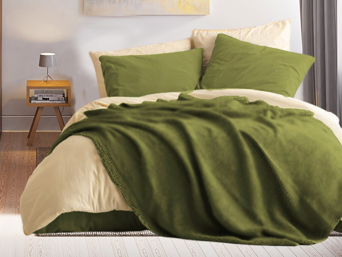 Throw set in Olive color from organic Linen. Blanket and 2 | Etsy