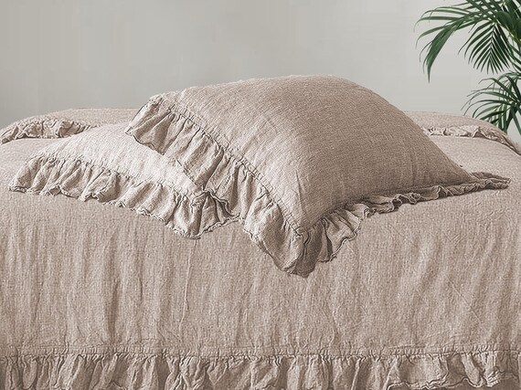 Linen Pillowcase Ruffles 4 Sides In Gray Standard Jumbo Queen King
