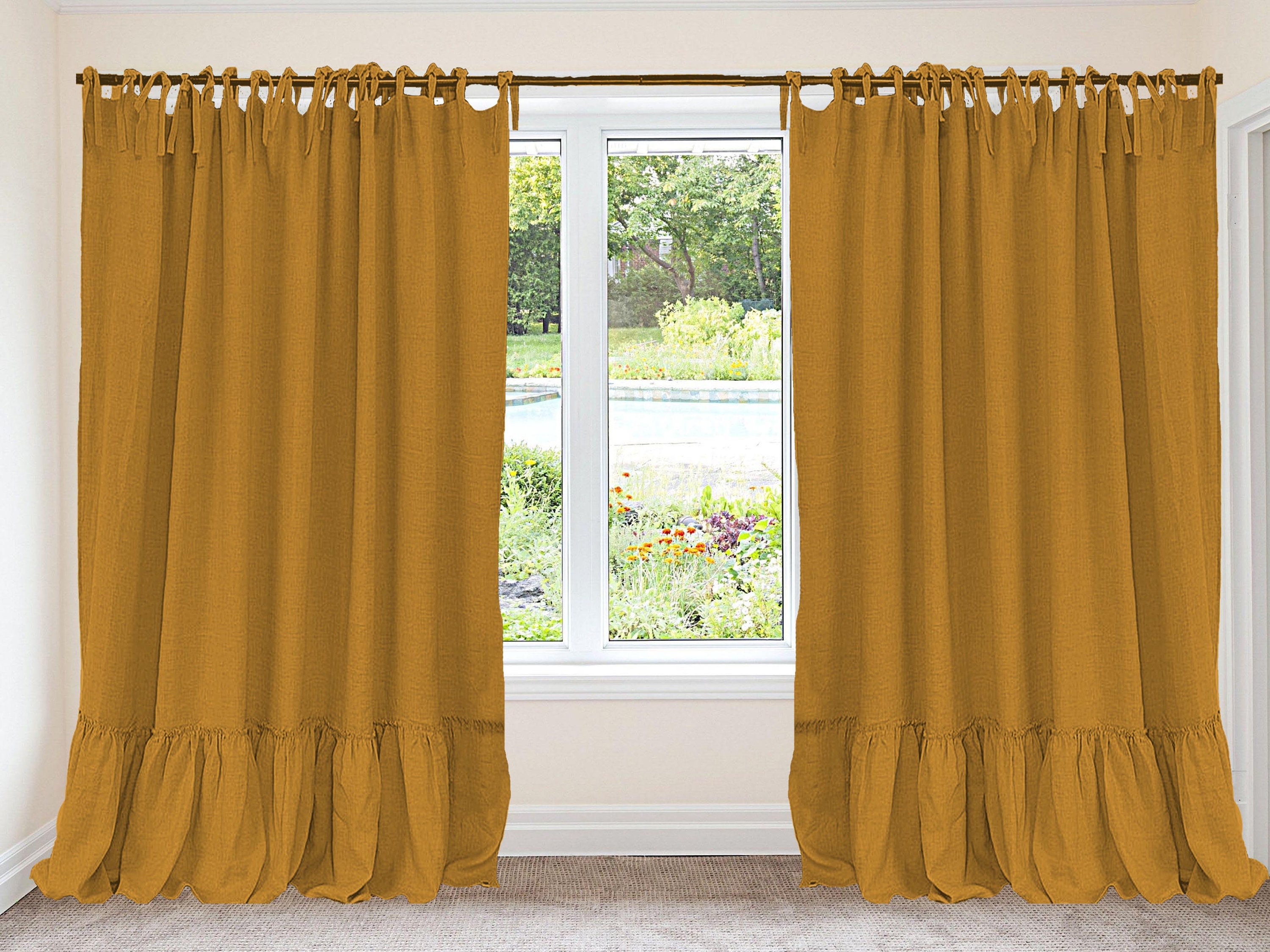 Linen Ruffled Curtain in Saffron Yellow with ties. Window or Etsy