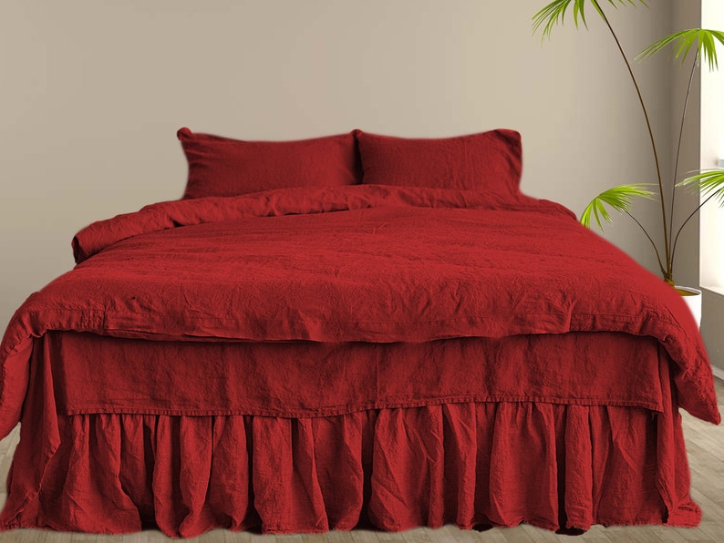 Red Linen Duvet Cover King Queen Twin Double Full Size Image 0