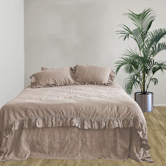 Linen Pillowcase Ruffles 4 Sides In Gray Standard Jumbo Queen King