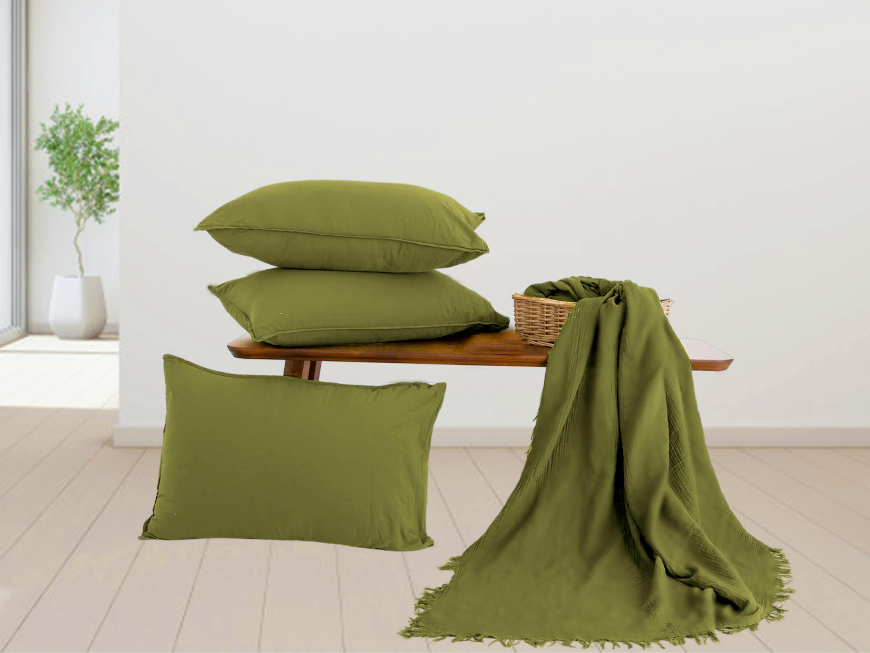 Throw set in Olive color from organic Linen. Blanket and 2 Etsy